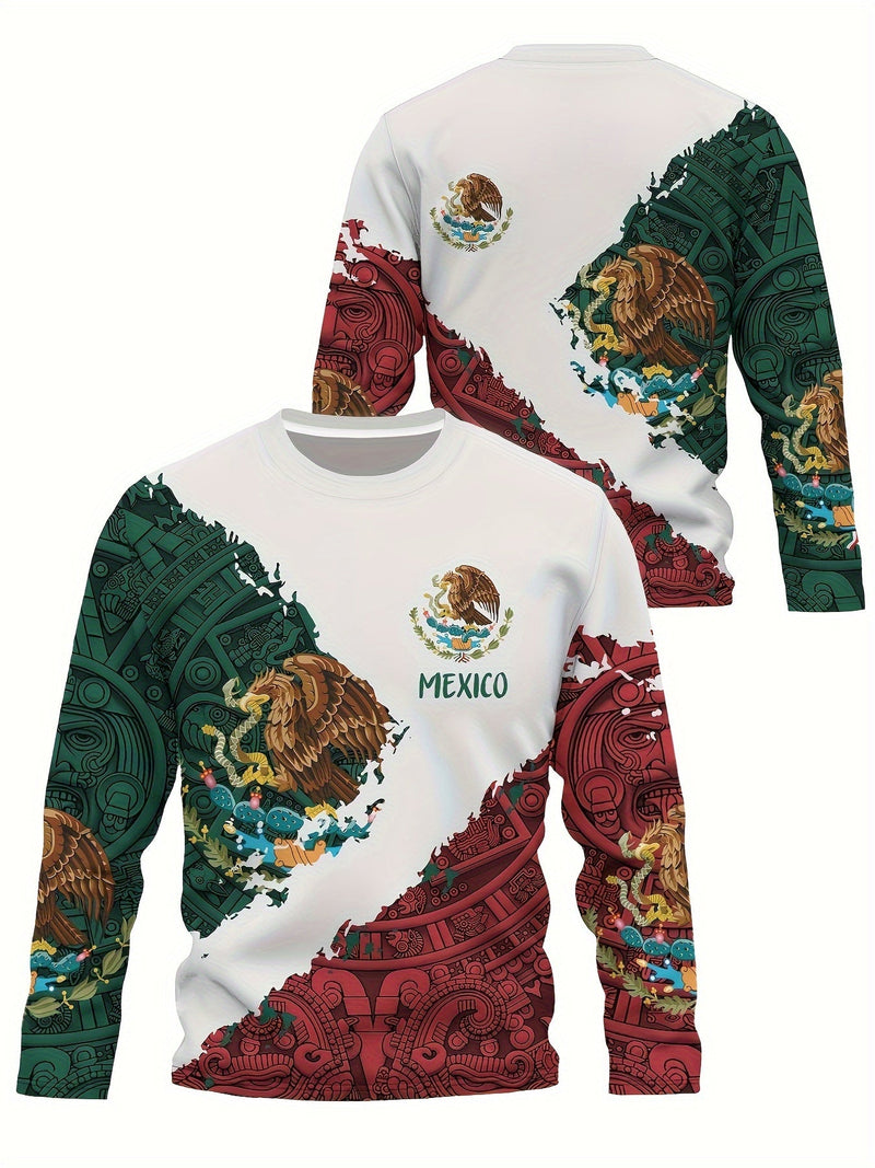 Estampado de diseño mexicano azteca, camisetas de manga larga con cuello redondo y diseño gráfico para hombre, sudadera casual cómoda para otoño y primavera, camisetas novedosas para hombre - SACASUSA