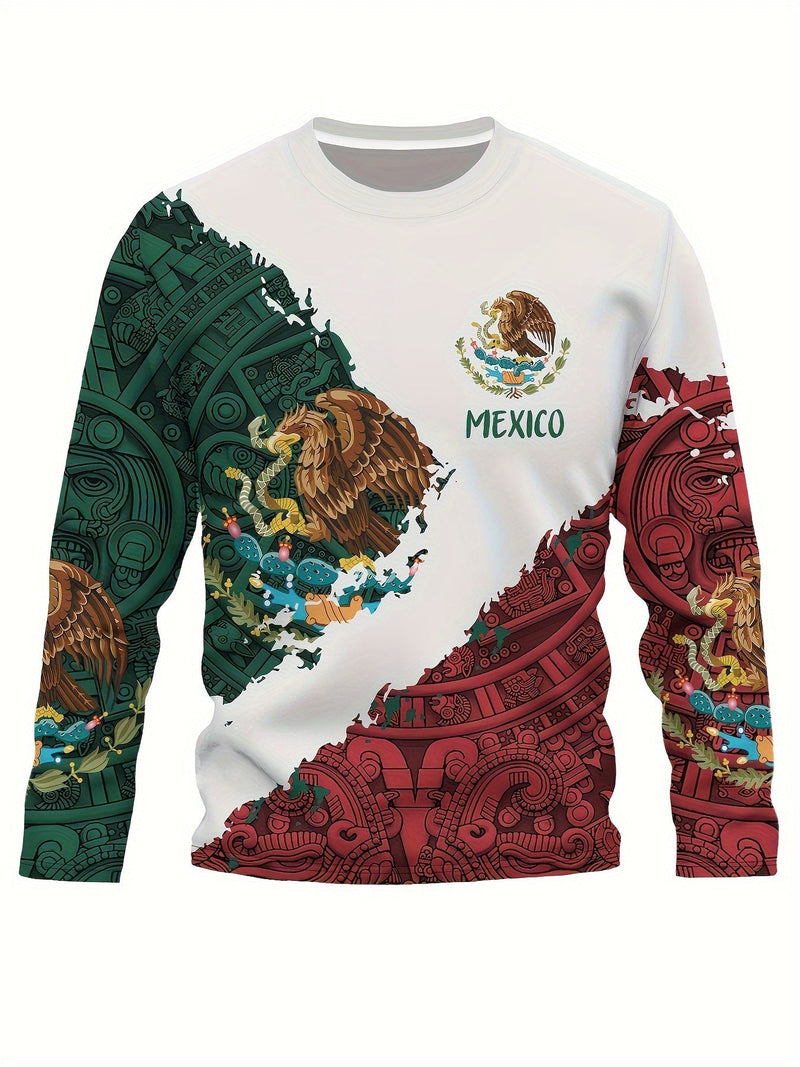 Estampado de diseño mexicano azteca, camisetas de manga larga con cuello redondo y diseño gráfico para hombre, sudadera casual cómoda para otoño y primavera, camisetas novedosas para hombre - SACASUSA