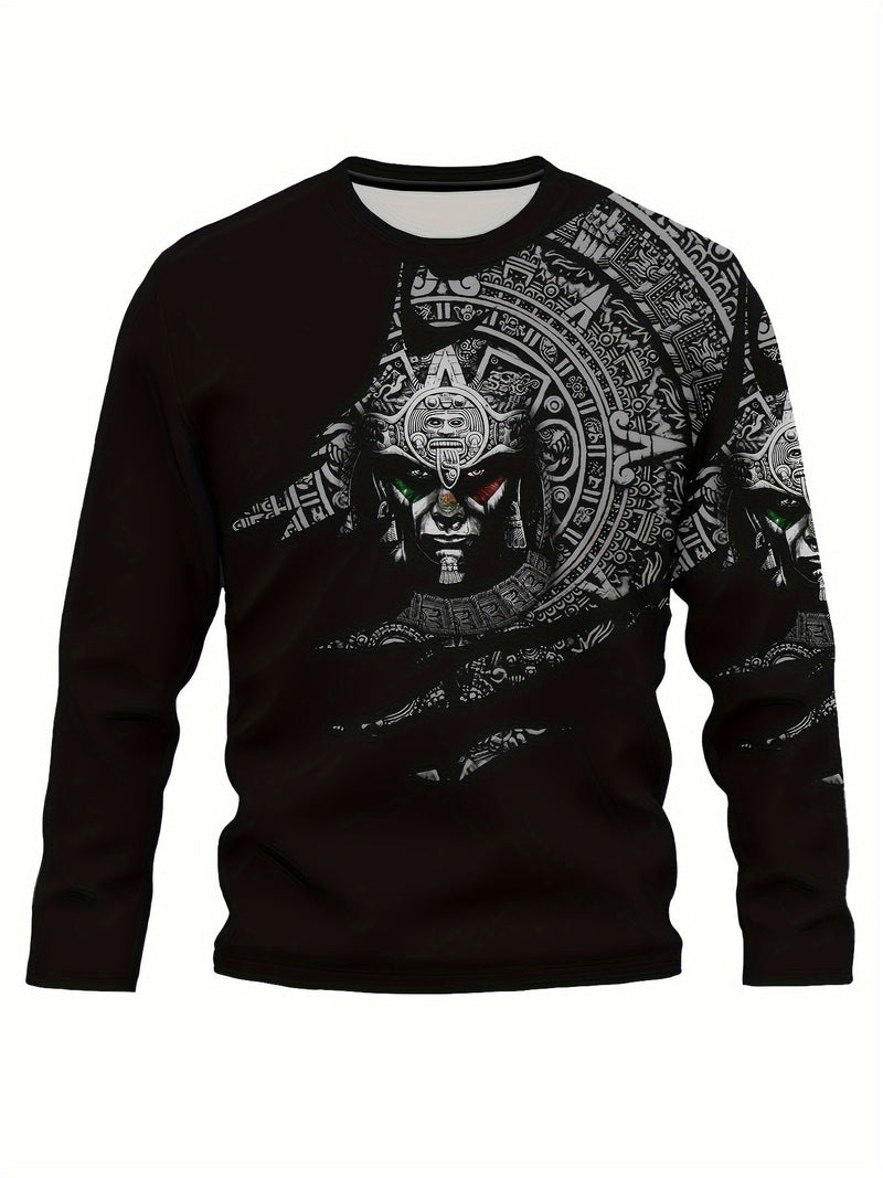 Estampado de diseño mexicano azteca, camisetas de manga larga con cuello redondo y diseño gráfico para hombre, sudadera casual cómoda para otoño y primavera, camisetas novedosas para hombre - SACASUSA