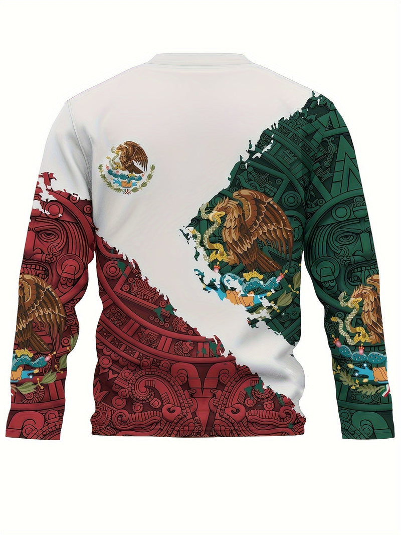 Estampado de diseño mexicano azteca, camisetas de manga larga con cuello redondo y diseño gráfico para hombre, sudadera casual cómoda para otoño y primavera, camisetas novedosas para hombre - SACASUSA