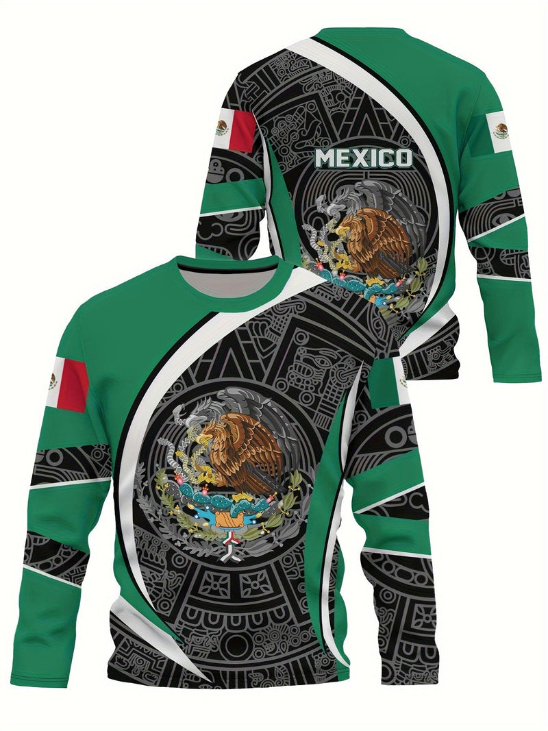 Estampado de diseño mexicano azteca, camisetas de manga larga con cuello redondo y diseño gráfico para hombre, sudadera casual cómoda para otoño y primavera, camisetas novedosas para hombre - SACASUSA