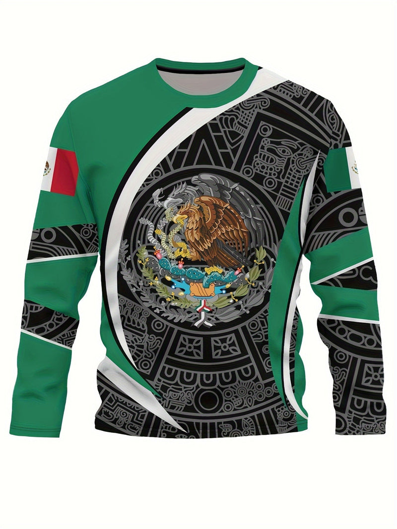 Estampado de diseño mexicano azteca, camisetas de manga larga con cuello redondo y diseño gráfico para hombre, sudadera casual cómoda para otoño y primavera, camisetas novedosas para hombre - SACASUSA