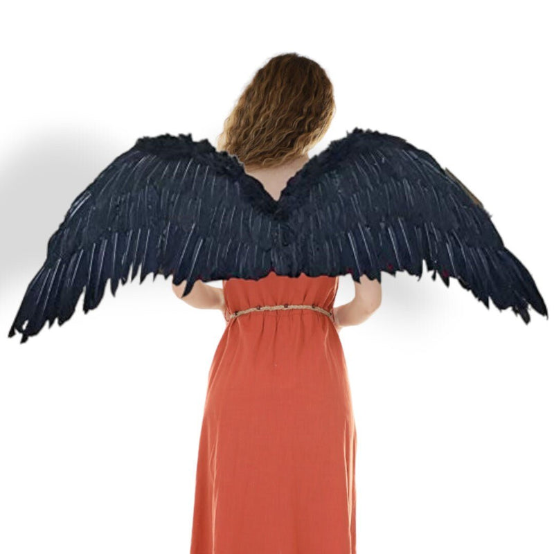 Grandes alas de ángel de hadas grandes de plumas negras de 47 x 17 pulgadas con halo gratis para alas de disfraces de Halloween Hombres Mujeres Adultos L XXL - SACASUSA