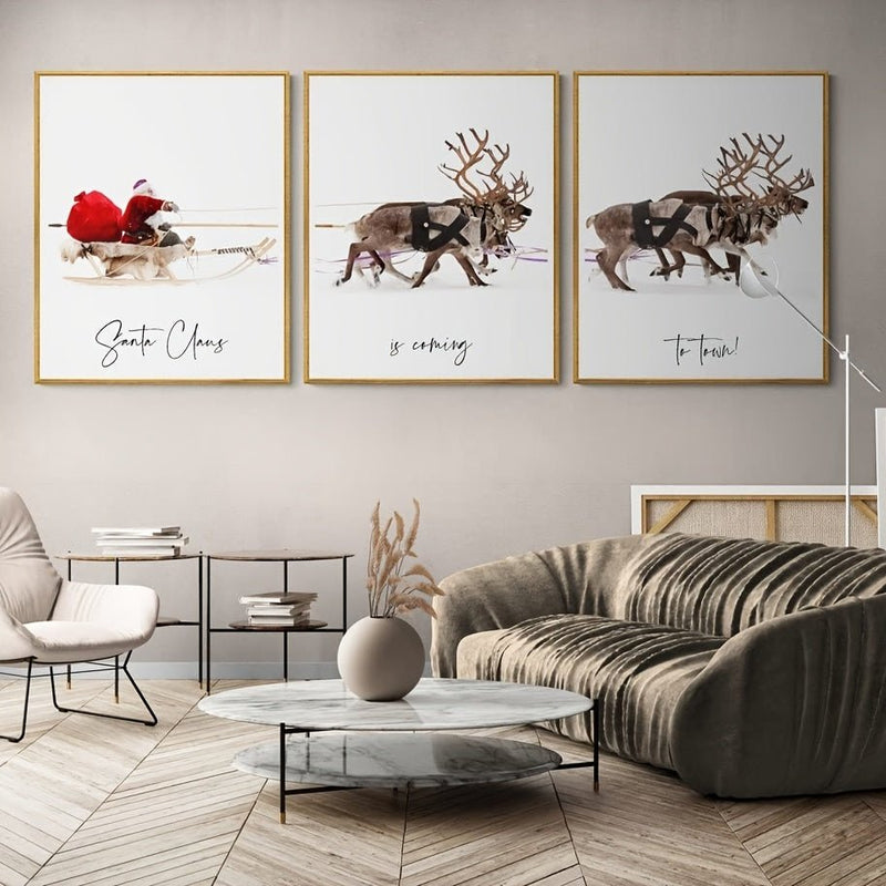 Impresiones de lienzo reutilizables de Santa Claus - Conjunto autoadhesivo de Art Deco de 3, Rectangular, Arte de pared de Navidad lavable: Regalo ideal y decoración festiva para el hogar y el dormitorio - SACASUSA