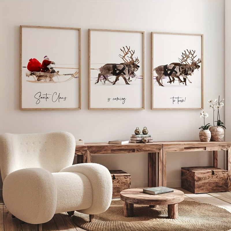 Impresiones de lienzo reutilizables de Santa Claus - Conjunto autoadhesivo de Art Deco de 3, Rectangular, Arte de pared de Navidad lavable: Regalo ideal y decoración festiva para el hogar y el dormitorio - SACASUSA