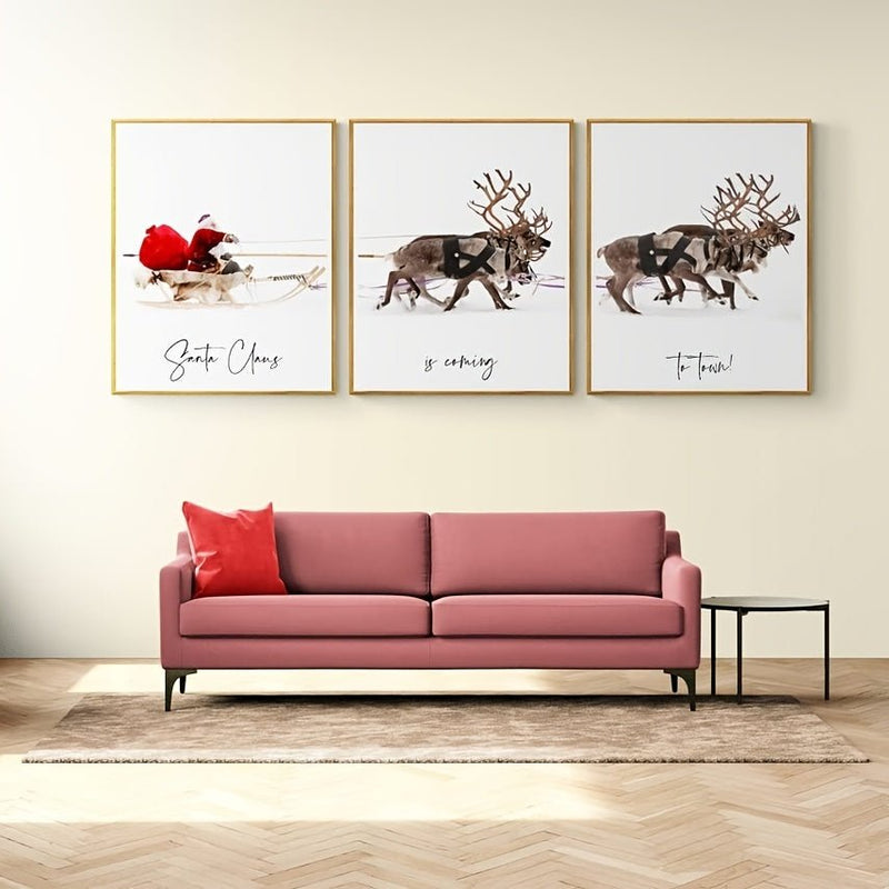 Impresiones de lienzo reutilizables de Santa Claus - Conjunto autoadhesivo de Art Deco de 3, Rectangular, Arte de pared de Navidad lavable: Regalo ideal y decoración festiva para el hogar y el dormitorio - SACASUSA