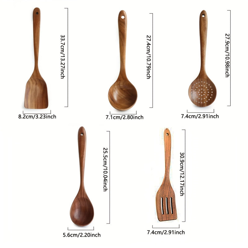 Juego de 5 Piezas de Teca de Calidad Premium: Utensilios de Cocina y Servicio Versátiles con Diseño Natural Elegante para una Cocina Ecológica - SACASUSA