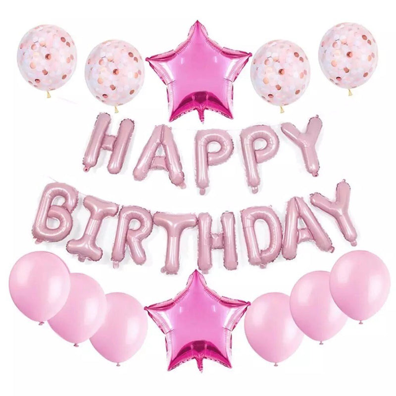 Juego de decoraciones de globos de feliz cumpleaños de color rosa bebé de 16 pulgadas: pancarta de letras de 13 piezas, lámina de estrella gigante de 2 piezas, confeti de 4 piezas, globos de látex de 6 piezas - SACASUSA
