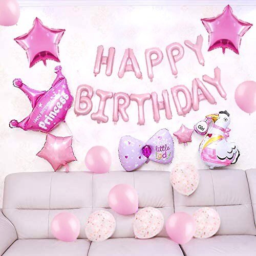Juego de decoraciones de globos de feliz cumpleaños de color rosa bebé de 16 pulgadas: pancarta de letras de 13 piezas, lámina de estrella gigante de 2 piezas, confeti de 4 piezas, globos de látex de 6 piezas - SACASUSA