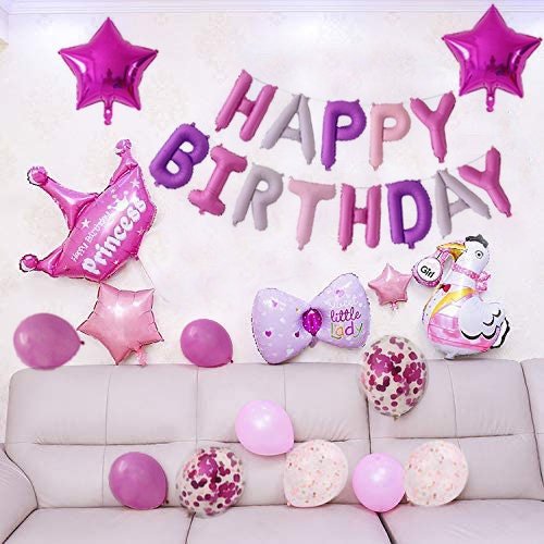 Juego de decoraciones de globos de feliz cumpleaños fucsia rosa bebé de 16 pulgadas: pancarta de letras de 13 piezas, lámina de estrella gigante, globos de látex de confeti de 12 pulgadas - SACASUSA