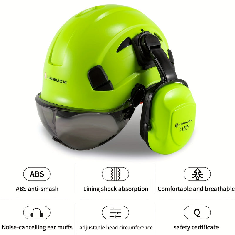 LOEBUCK Combo de Casco de Seguridad - Casco Protector Industrial, Orejeras Reductoras de Ruido y Gafas para Trabajos de Construcción, Material de Resina ABS - SACASUSA