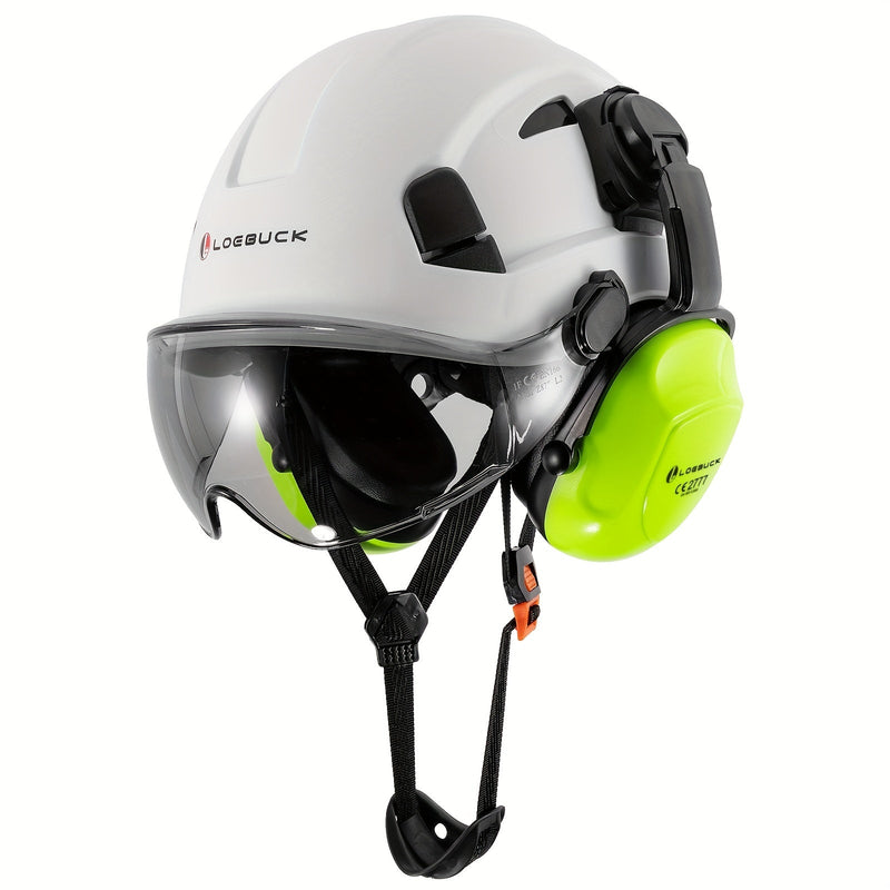 LOEBUCK Combo de Casco de Seguridad - Casco Protector Industrial, Orejeras Reductoras de Ruido y Gafas para Trabajos de Construcción, Material de Resina ABS - SACASUSA