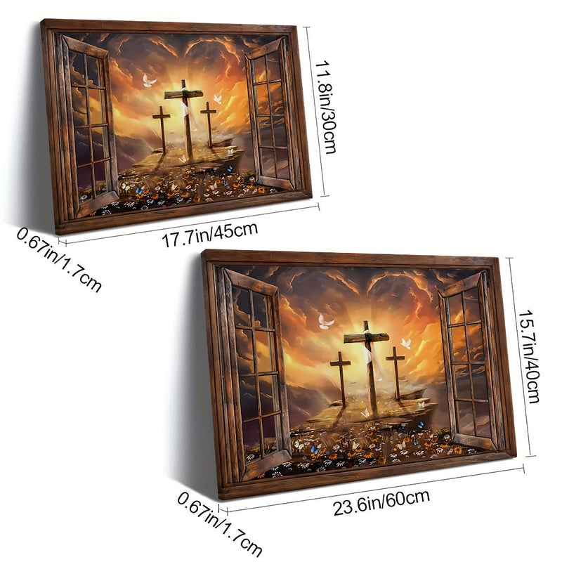 Los Tres Cruces Lienzo Envolvente - Elegante Paisaje Espiritual Art Deco, Pintura Retro, Listo para Colgar Arte de Pared para Sala y Oficina - SACASUSA