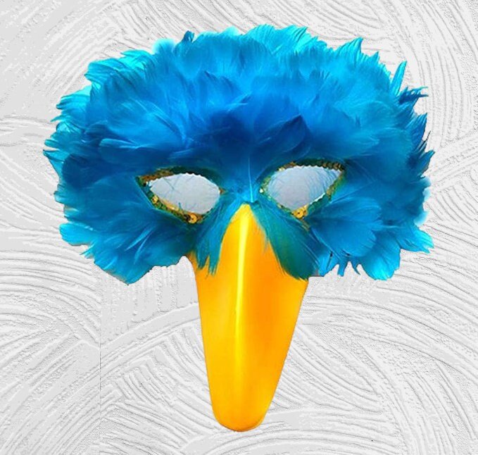Máscara de pájaro de plumas azul turquesa hecha a mano con pico amarillo para disfraz de Halloween fiesta de cosplay adultos mujeres hombres pájaro grande - SACASUSA