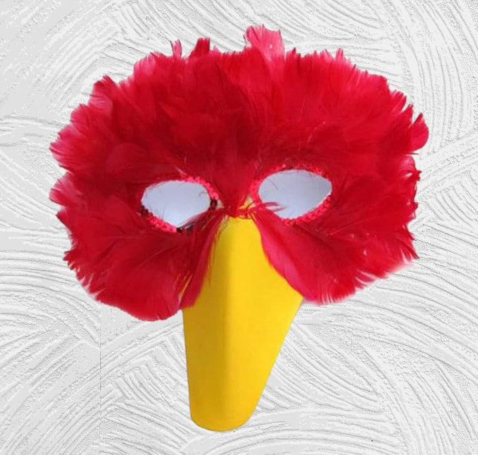 Máscara de pájaro de plumas fucsia rosa intenso con pico amarillo para fiesta de disfraces de Halloween - SACASUSA