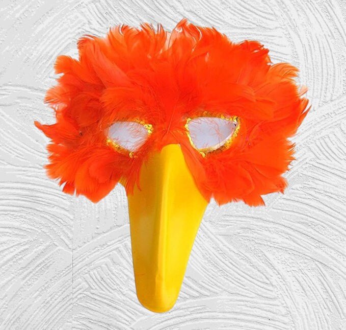 Máscara de pájaro de plumas fucsia rosa intenso con pico amarillo para fiesta de disfraces de Halloween - SACASUSA