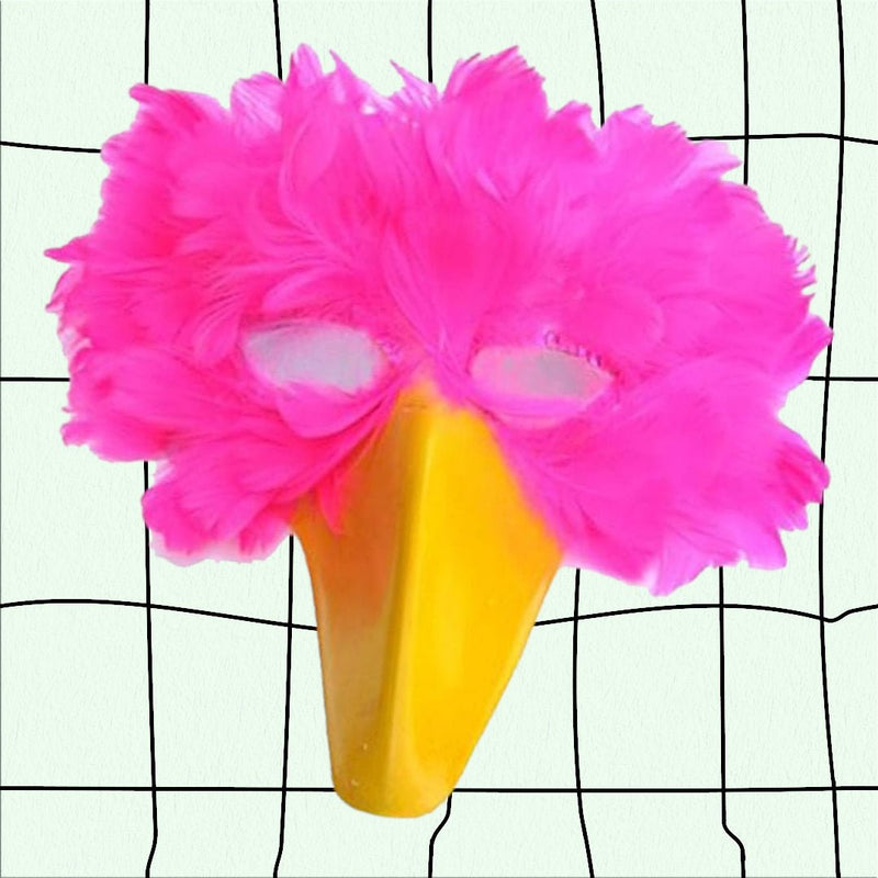 Máscara de pájaro de plumas fucsia rosa intenso con pico amarillo para fiesta de disfraces de Halloween - SACASUSA