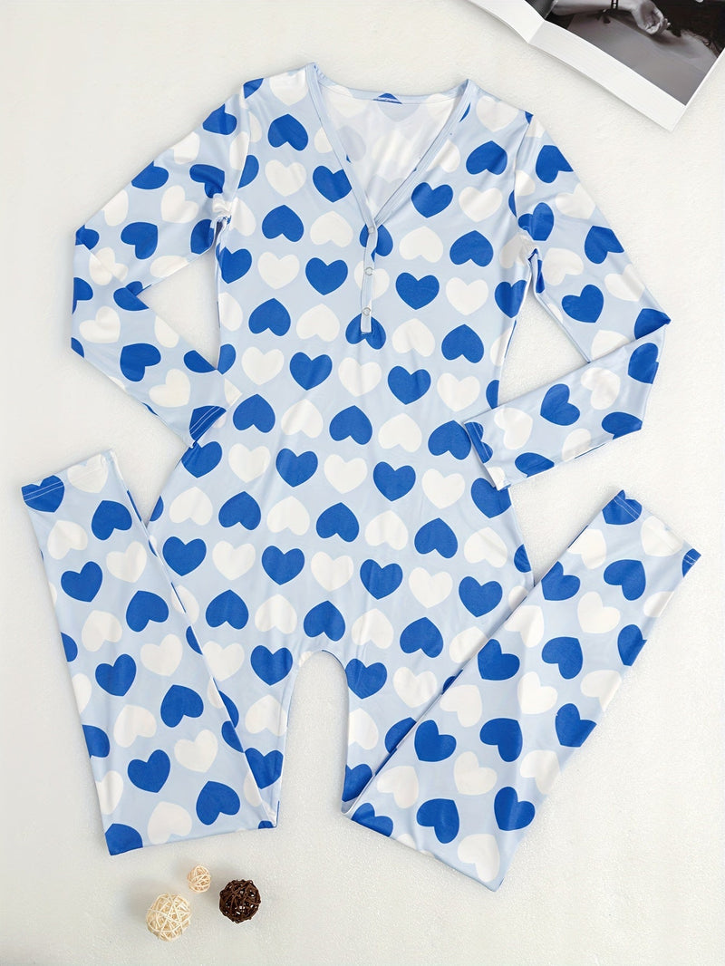 Mono Estampado Casual De Corazones, Pijama De Pierna Cónica Con Botones De Manga Larga Y Cuello En V, Ropa De Dormir Y Estar Por Casa Para Mujer - SACASUSA