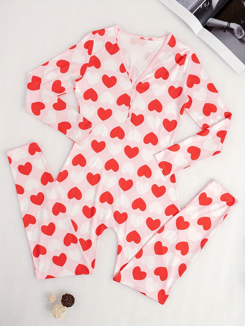 Mono Estampado Casual De Corazones, Pijama De Pierna Cónica Con Botones De Manga Larga Y Cuello En V, Ropa De Dormir Y Estar Por Casa Para Mujer - SACASUSA