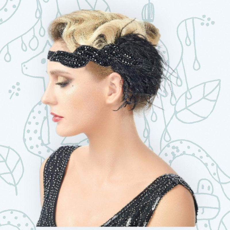 Negro Vintage Inspirado El Gran Gatsby Lentejuelas con cuentas Diadema 1920s Tocado Flapper Negro Pluma Nupcial Tocado de Boda Art Déco - SACASUSA