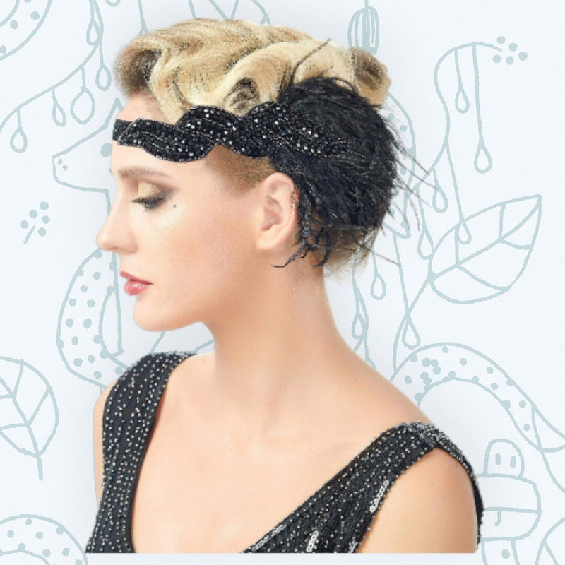 Negro Vintage Inspirado El Gran Gatsby Lentejuelas con cuentas Diadema 1920s Tocado Flapper Negro Pluma Nupcial Tocado de Boda Art Déco - SACASUSA