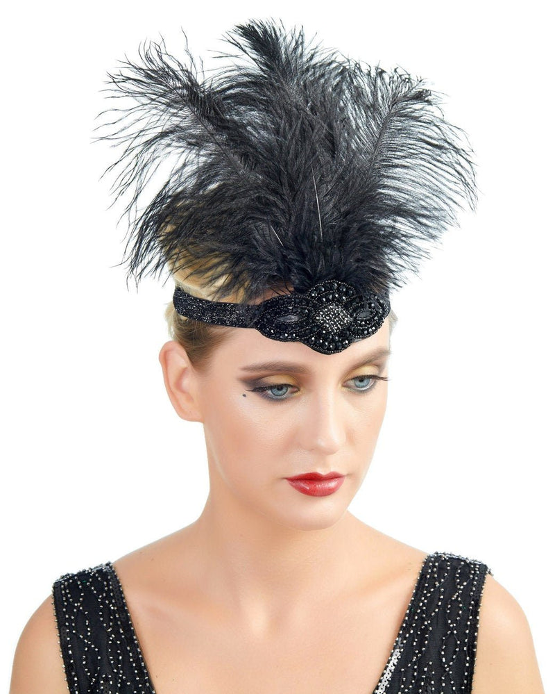 Negro Vintage inspirado El gran Gatsby Rhinestone con cuentas diadema 1920 tocado Flapper negro pluma novia boda Art Déco tocado - SACASUSA