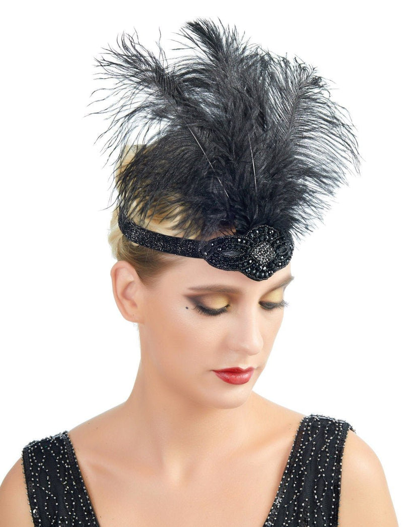 Negro Vintage inspirado El gran Gatsby Rhinestone con cuentas diadema 1920 tocado Flapper negro pluma novia boda Art Déco tocado - SACASUSA