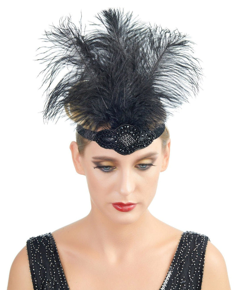 Negro Vintage inspirado El gran Gatsby Rhinestone con cuentas diadema 1920 tocado Flapper negro pluma novia boda Art Déco tocado - SACASUSA