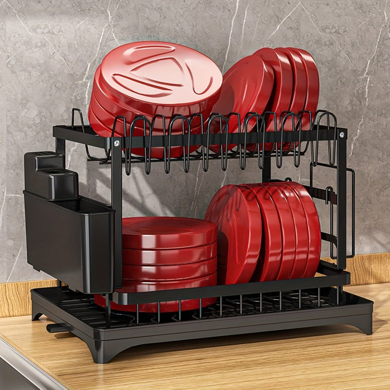 Organizador de Cocina Ahorrador de Espacio - Estante de secado de platos de 2 niveles sobre el fregadero - Diseño desmontable con soportes dobles para platos y vasos, bandeja de drenaje, porta cubiertos y tablero adhesivo - Metal en negro y blanco - SACASUSA