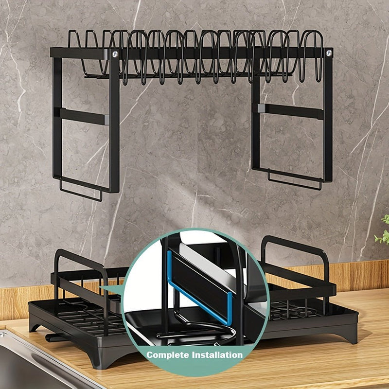 Organizador de Cocina Ahorrador de Espacio - Estante de secado de platos de 2 niveles sobre el fregadero - Diseño desmontable con soportes dobles para platos y vasos, bandeja de drenaje, porta cubiertos y tablero adhesivo - Metal en negro y blanco - SACASUSA