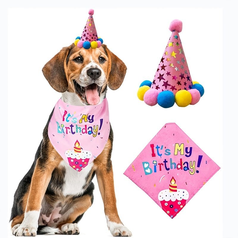 Pañuelo Y Sombrebro De Cumpleaños Para Perro, Bufanda Triangular Para Perro, Suministros Para Fiesta De Cumpleaños - SACASUSA