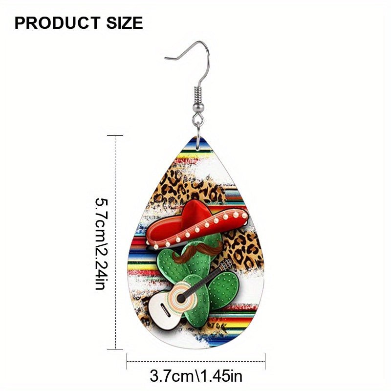 Pendientes de cuero en forma de gota de leopardo de cactus sombrero mexicano, joyería para vestir, regalos de vacaciones, favores de fiesta, pendientes de pareja o mejores amigos, accesorios de moda de cuero sintético - SACASUSA