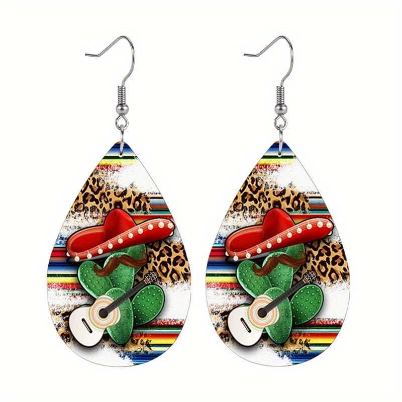 Pendientes de cuero en forma de gota de leopardo de cactus sombrero mexicano, joyería para vestir, regalos de vacaciones, favores de fiesta, pendientes de pareja o mejores amigos, accesorios de moda de cuero sintético - SACASUSA