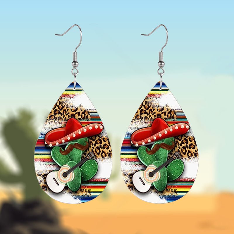 Pendientes de cuero en forma de gota de leopardo de cactus sombrero mexicano, joyería para vestir, regalos de vacaciones, favores de fiesta, pendientes de pareja o mejores amigos, accesorios de moda de cuero sintético - SACASUSA