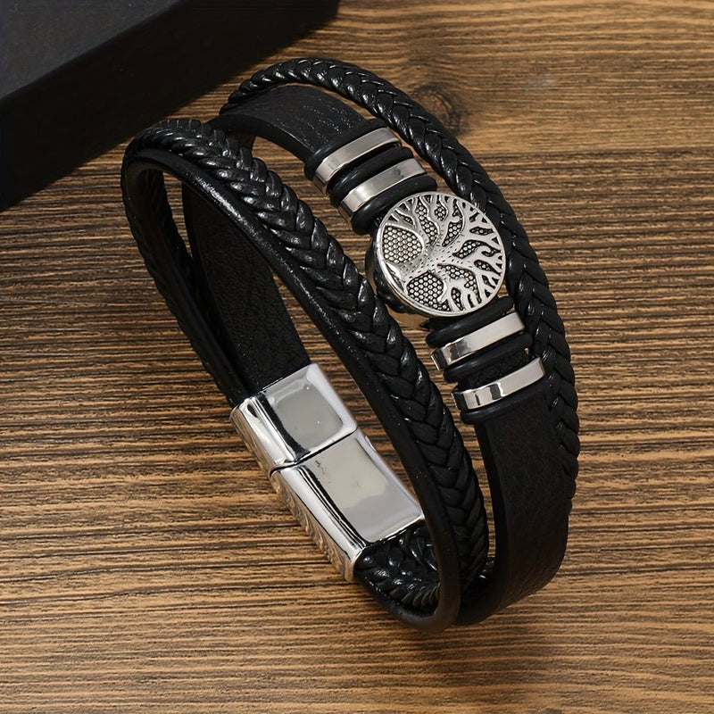 Pulsera Trenzada de Cuero PU para Hombre con Dije de Árbol de la Vida y Cierre Magnético – Accesorio Elegante y Duradero - SACASUSA