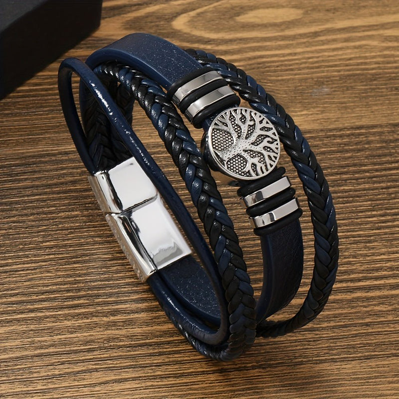 Pulsera Trenzada de Cuero PU para Hombre con Dije de Árbol de la Vida y Cierre Magnético – Accesorio Elegante y Duradero - SACASUSA