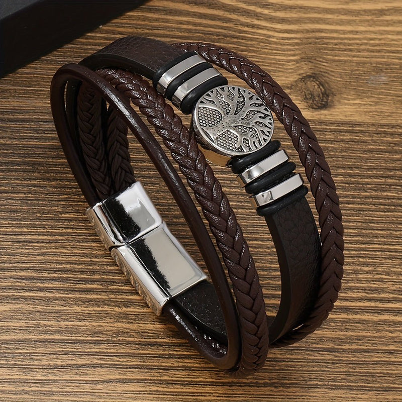 Pulsera Trenzada de Cuero PU para Hombre con Dije de Árbol de la Vida y Cierre Magnético – Accesorio Elegante y Duradero - SACASUSA