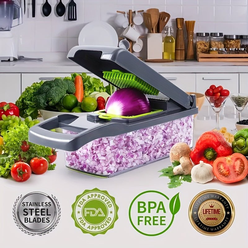 Rebanador Multiuso Manual de Verduras y Frutas | Conjunto de 12-16 piezas con Cuchillas de Acero Inoxidable | Duradero, sin Desorden, Fácil de Limpiar, Reduce el Tiempo en la Cocina - SACASUSA