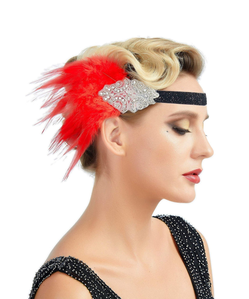 Rojo Vintage inspirado El gran Gatsby plata Rhinestone con cuentas diadema 1920 tocado Flapper pluma negra tocado nupcial Art Déco - SACASUSA