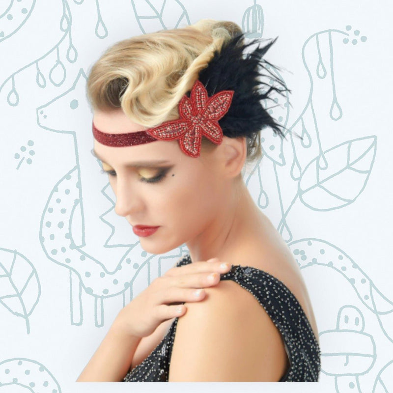 Rojo Vintage inspirado El gran Gatsby Rhinestone con cuentas diadema 1920 tocado Flapper negro pluma nupcial tocado de boda Art Déco - SACASUSA