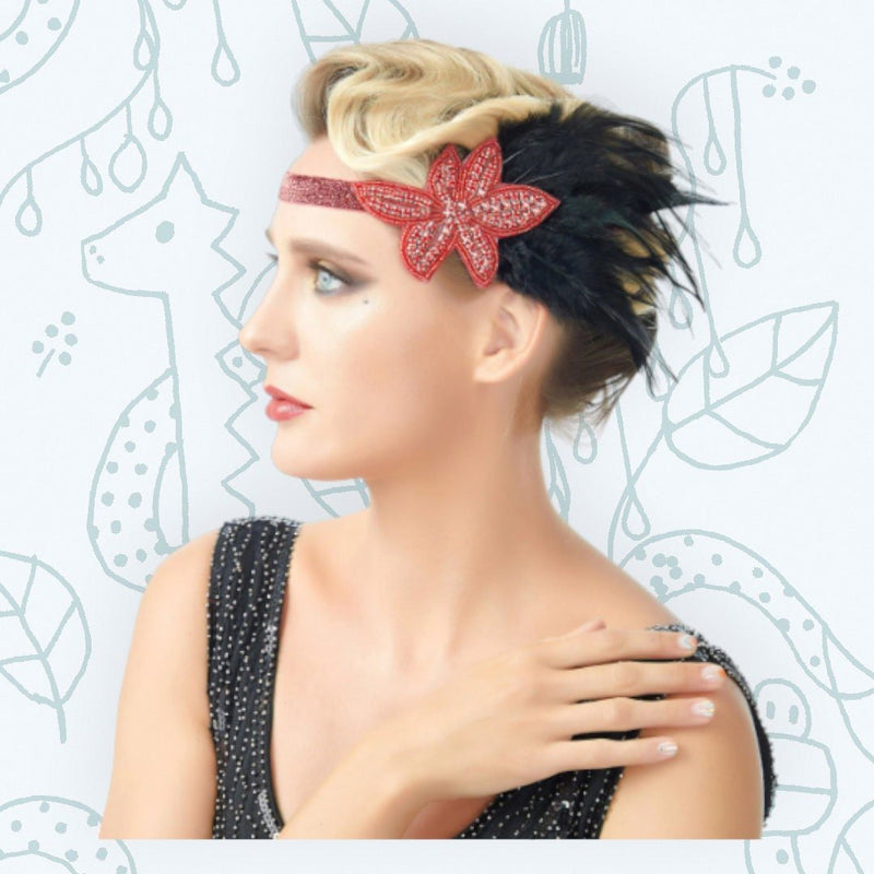 Rojo Vintage inspirado El gran Gatsby Rhinestone con cuentas diadema 1920 tocado Flapper negro pluma nupcial tocado de boda Art Déco - SACASUSA