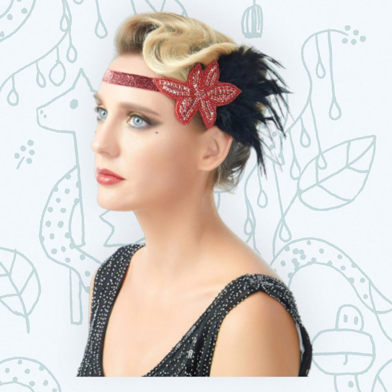 Rojo Vintage inspirado El gran Gatsby Rhinestone con cuentas diadema 1920 tocado Flapper negro pluma nupcial tocado de boda Art Déco - SACASUSA