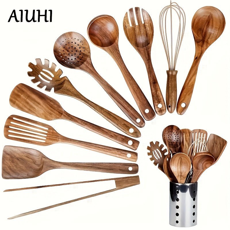 Set de Utensilios de Cocina de Madera de Teca Natural - Herramientas de Cocina Duraderas y Ecológicas con Espátula, Cucharón y Soporte - Regalo Perfecto para el Día del Padre - SACASUSA