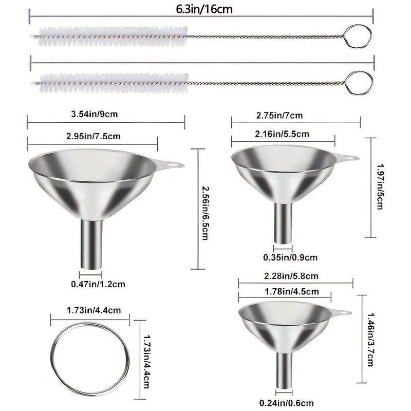 Set Duradero de 5 Embudos de Acero Inoxidable para Cocina, para Diversas Necesidades de Llenado y Cocina, Completo con Cepillos de Limpieza Fáciles - SACASUSA