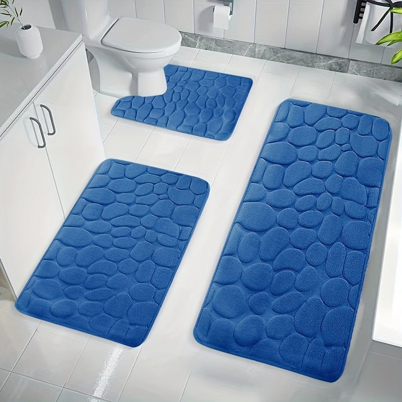 Suave, Lujoso y Absorbente Juego de 3 Alfombrillas de Baño con Diseño de Guijarros - Alfombras de Punto 100% Poliéster con Reverso Antideslizante de PVC, Mejore la Decoración y Experiencia en Su Baño - SACASUSA