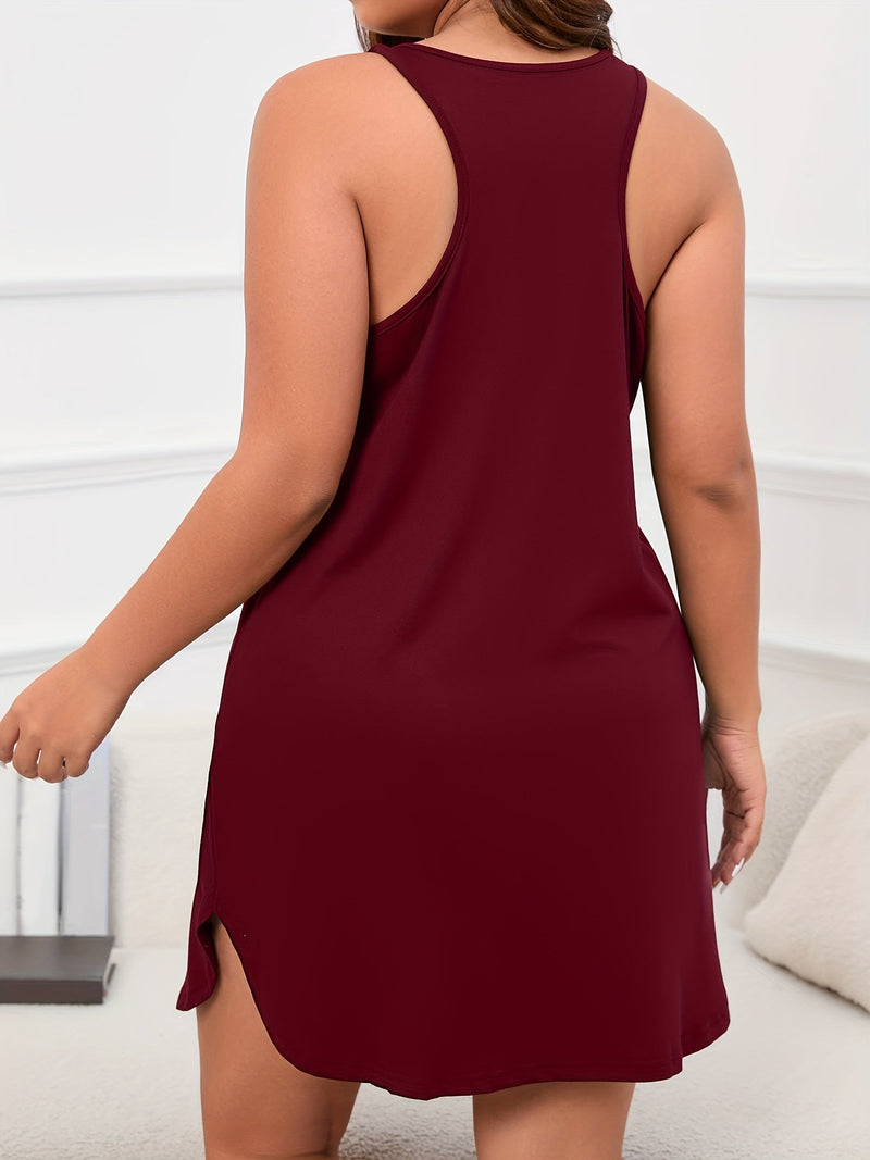 Vestido Casual de Tallas Grandes Fácil de Limpiar: Estampado Único de Letras Degradadas, Espalda Tipo Racer, Ligero Estiramiento para Mayor Comodidad, Versátil para Todas las Estaciones - SACASUSA