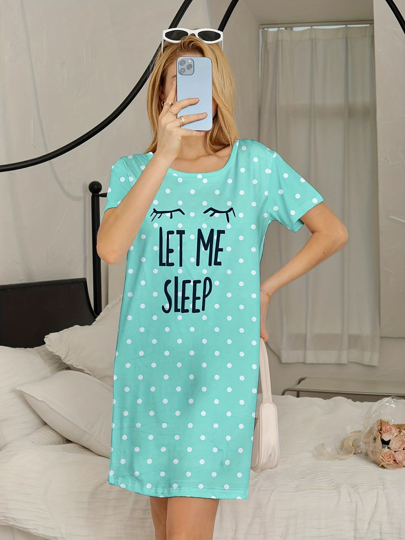 Vestido de Pijama de Verano Lindo y Cómodo - Estampado de Dibujos Animados, Cuello Redondo, Manga Corta, Lavable a Máquina, No Transparente para Mujeres - SACASUSA